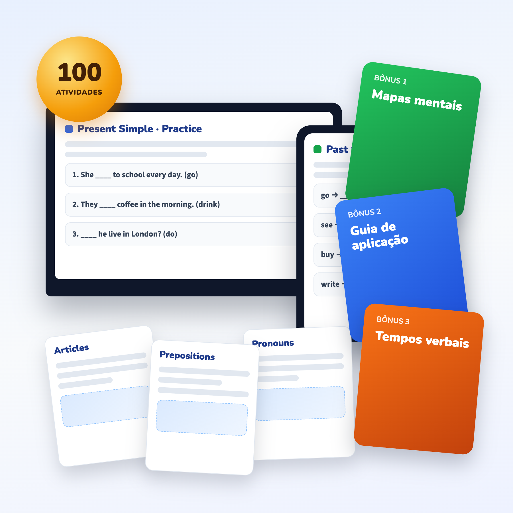 Mockup do kit com atividades de inglês em PDF, fichas e materiais de apoio